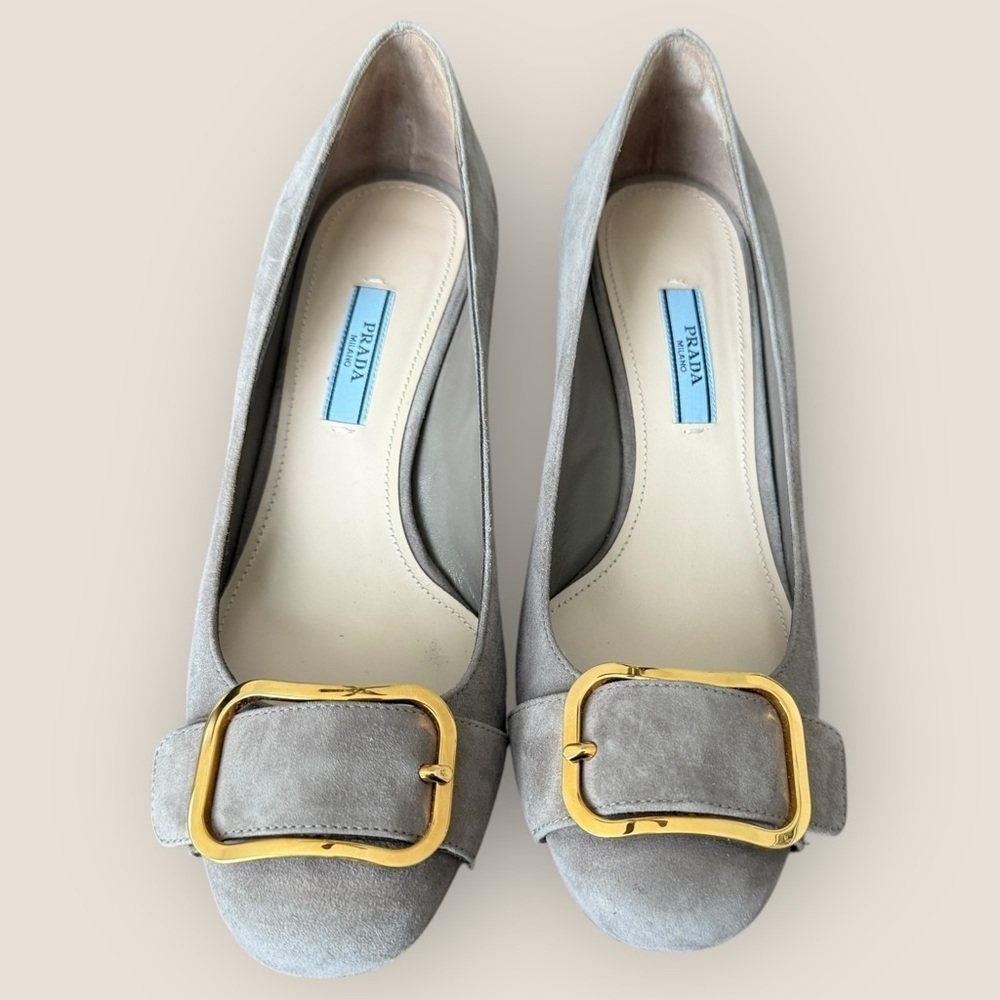 AUTHENTIC Prada | Vintage Gold Hardware Suede Pumps | Size 38 - Picture 3 of 13